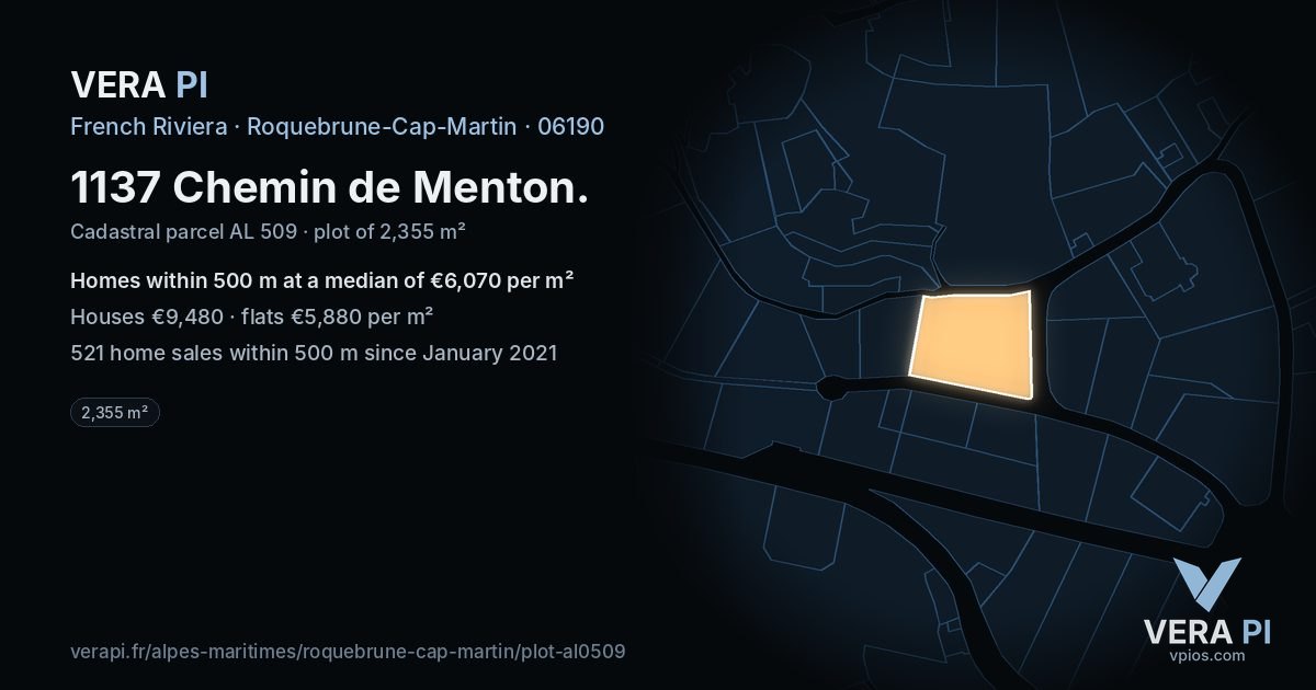 1137 Chemin de Menton, Roquebrune-Cap-Martin at night – the plot lit, the parcels around coloured by the prices near them