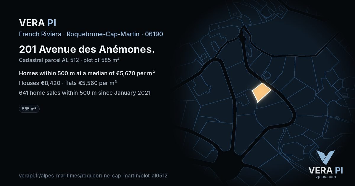 201 Avenue des Anémones, Roquebrune-Cap-Martin at night – the plot lit, the parcels around coloured by the prices near them