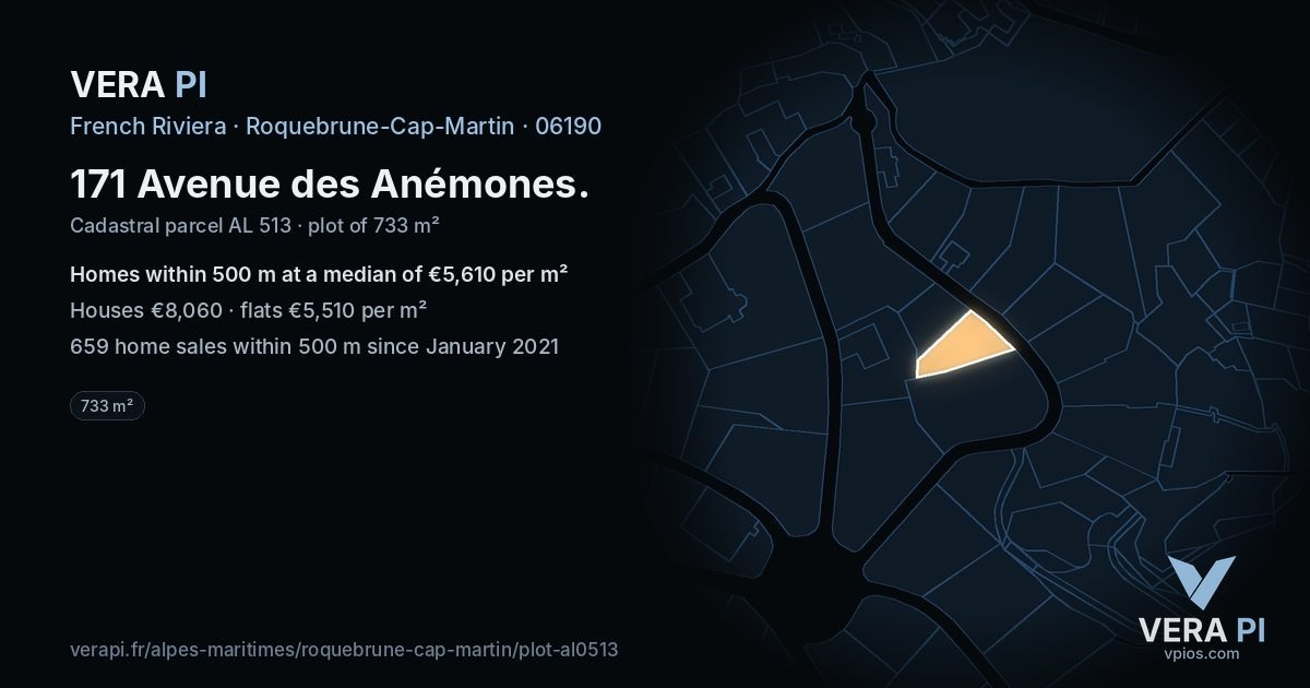 171 Avenue des Anémones, Roquebrune-Cap-Martin at night – the plot lit, the parcels around coloured by the prices near them