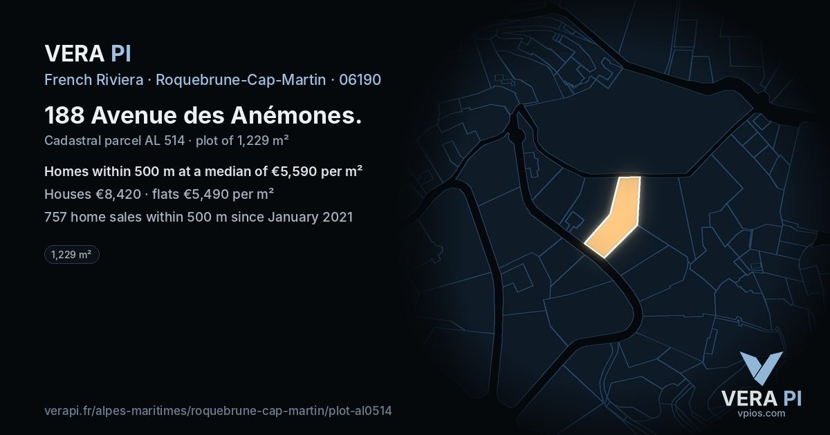 188 Avenue des Anémones, Roquebrune-Cap-Martin at night – the plot lit, the parcels around coloured by the prices near them