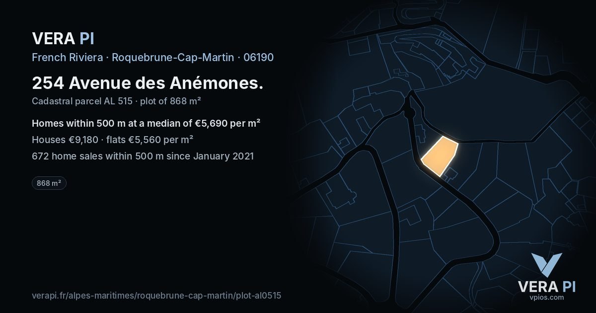 254 Avenue des Anémones, Roquebrune-Cap-Martin at night – the plot lit, the parcels around coloured by the prices near them
