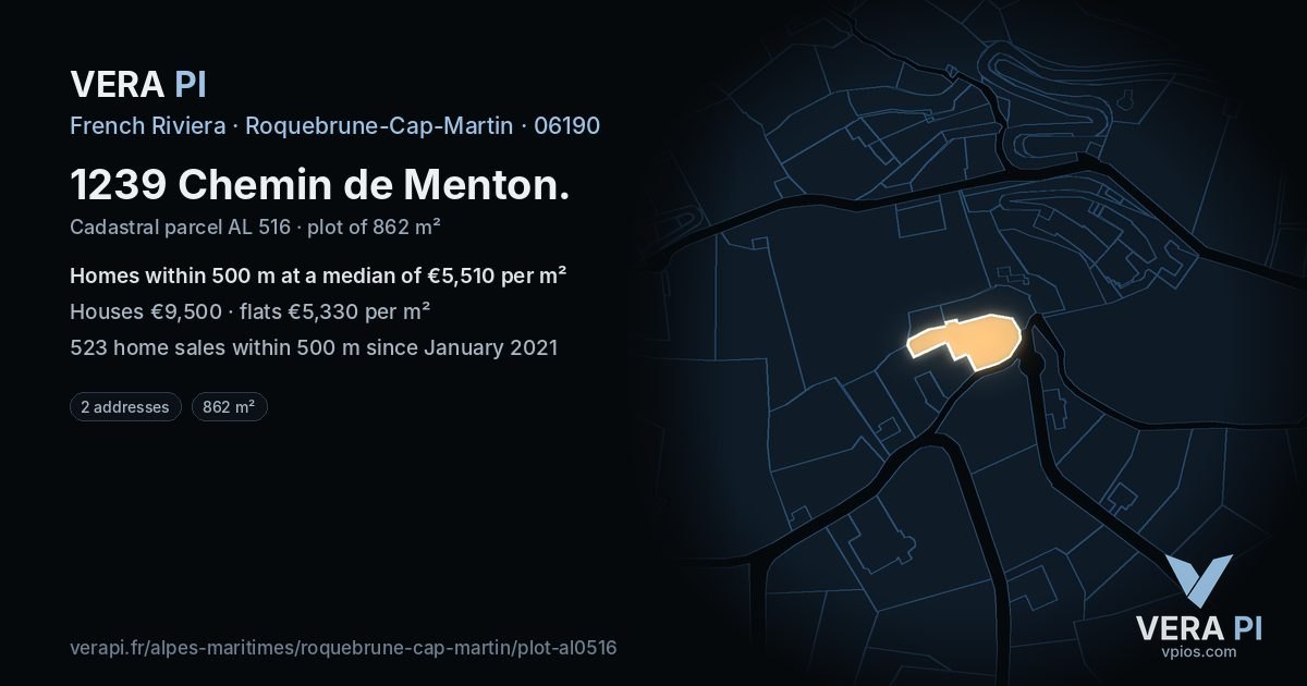 1239 Chemin de Menton, Roquebrune-Cap-Martin at night – the plot lit, the parcels around coloured by the prices near them