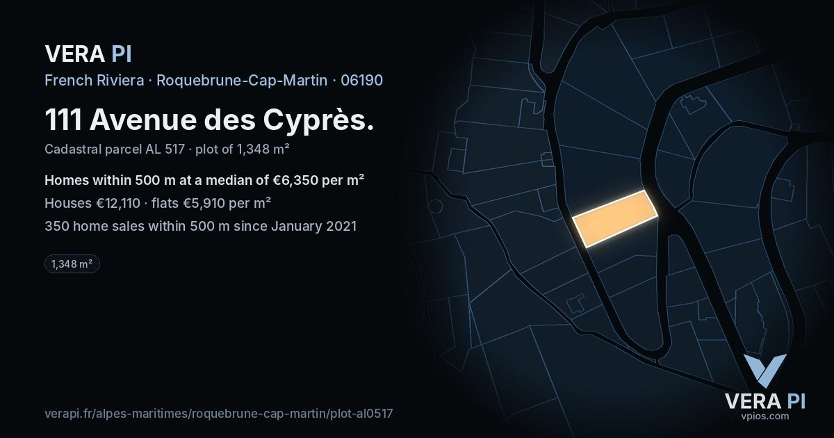 111 Avenue des Cyprès, Roquebrune-Cap-Martin at night – the plot lit, the parcels around coloured by the prices near them