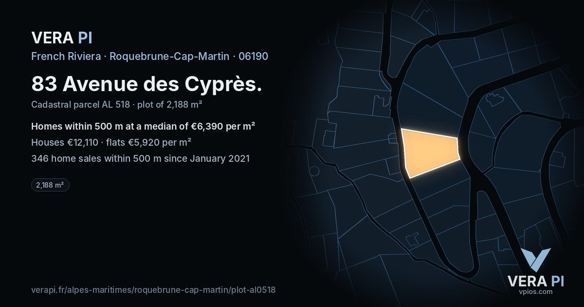 83 Avenue des Cyprès, Roquebrune-Cap-Martin at night – the plot lit, the parcels around coloured by the prices near them