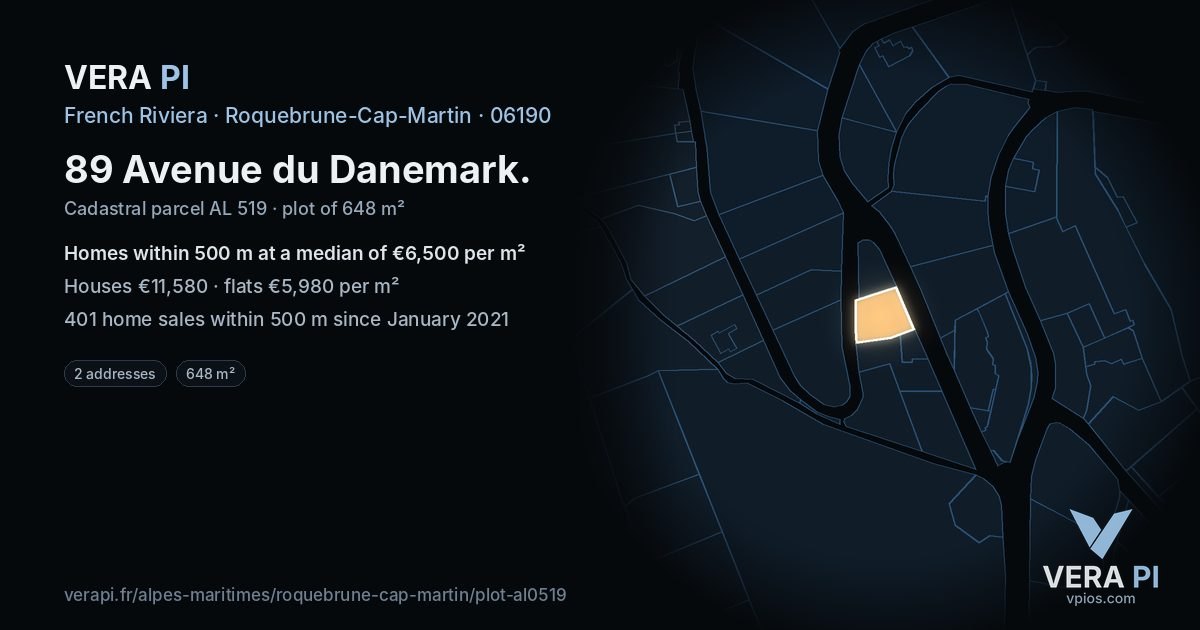 89 Avenue du Danemark, Roquebrune-Cap-Martin at night – the plot lit, the parcels around coloured by the prices near them