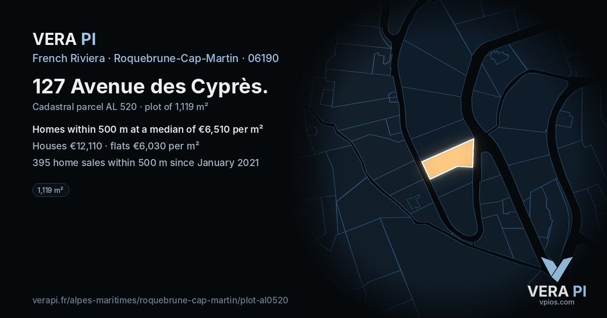 127 Avenue des Cyprès, Roquebrune-Cap-Martin at night – the plot lit, the parcels around coloured by the prices near them