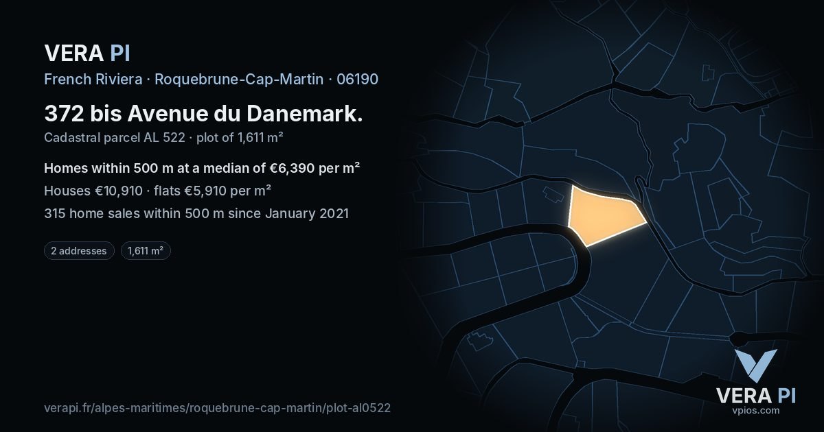 372 bis Avenue du Danemark, Roquebrune-Cap-Martin at night – the plot lit, the parcels around coloured by the prices near them