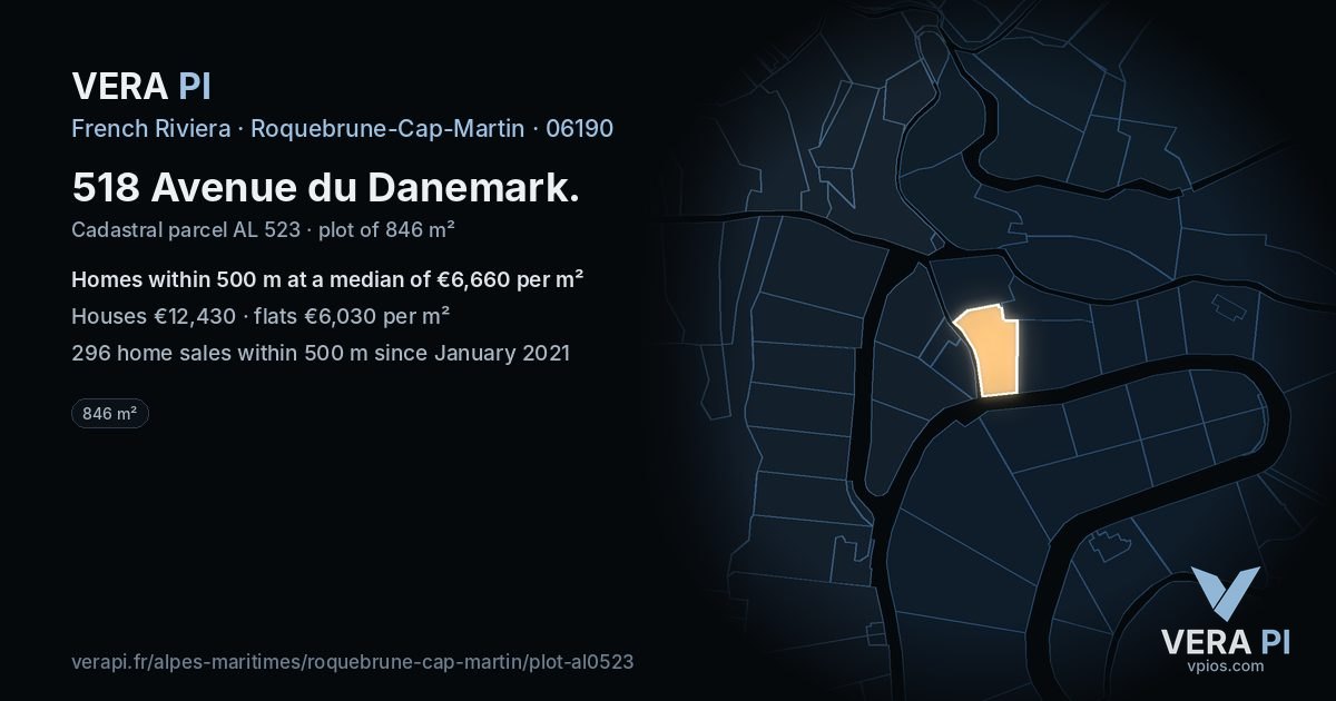 518 Avenue du Danemark, Roquebrune-Cap-Martin at night – the plot lit, the parcels around coloured by the prices near them
