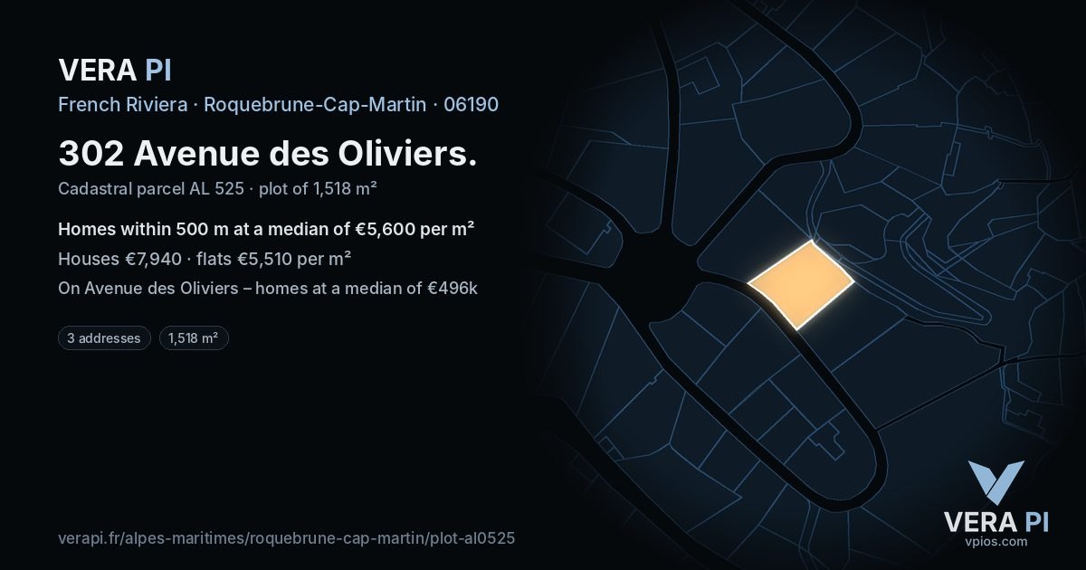 302 Avenue des Oliviers, Roquebrune-Cap-Martin at night – the plot lit, the parcels around coloured by the prices near them