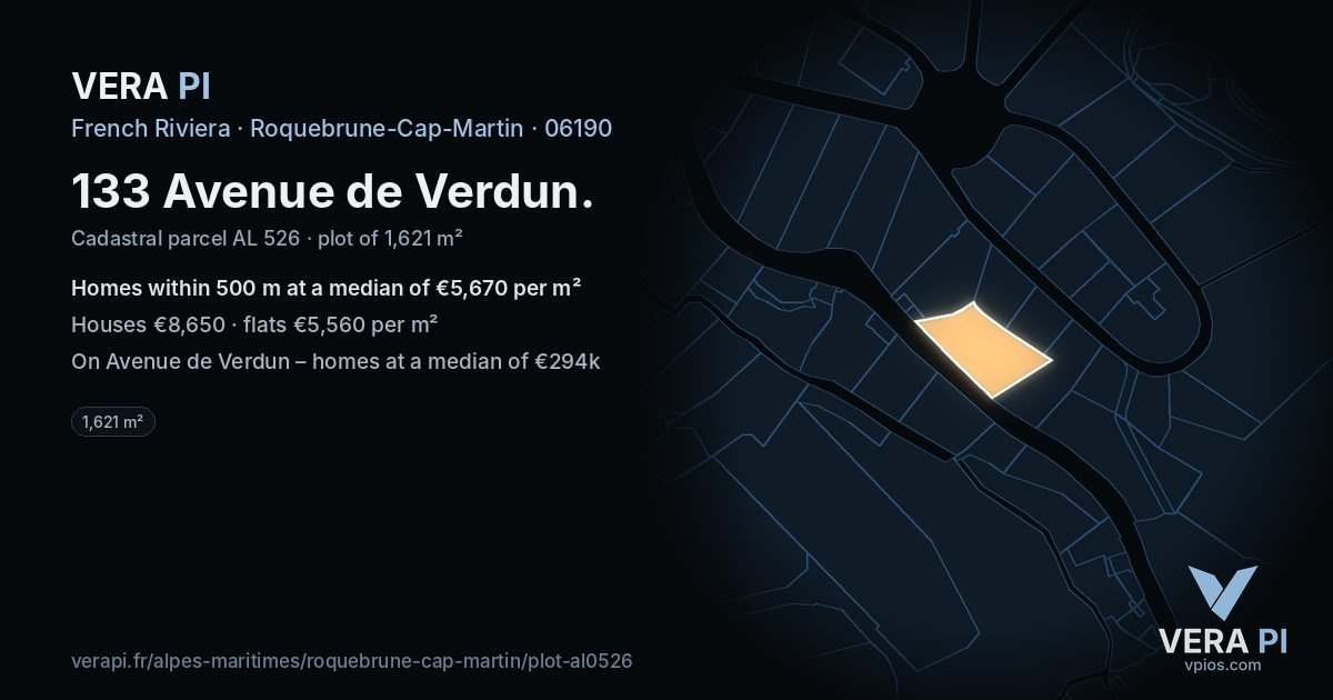 133 Avenue de Verdun, Roquebrune-Cap-Martin at night – the plot lit, the parcels around coloured by the prices near them