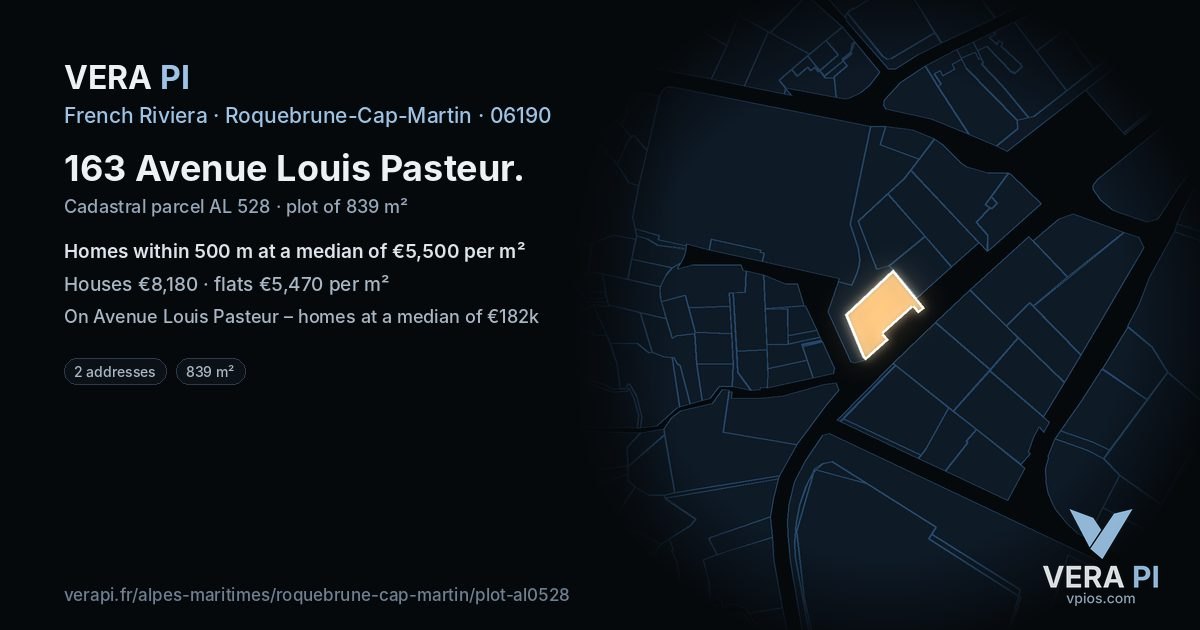 163 Avenue Louis Pasteur, Roquebrune-Cap-Martin at night – the plot lit, the parcels around coloured by the prices near them