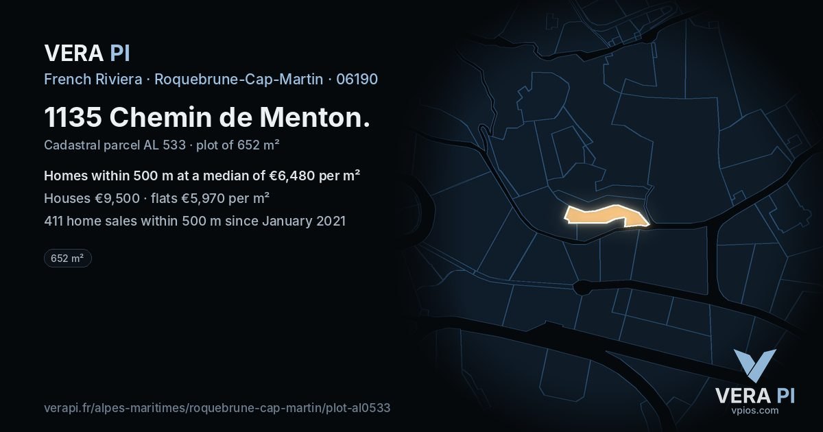 1135 Chemin de Menton, Roquebrune-Cap-Martin at night – the plot lit, the parcels around coloured by the prices near them