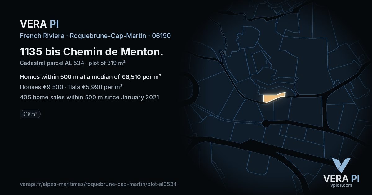 1135 bis Chemin de Menton, Roquebrune-Cap-Martin at night – the plot lit, the parcels around coloured by the prices near them