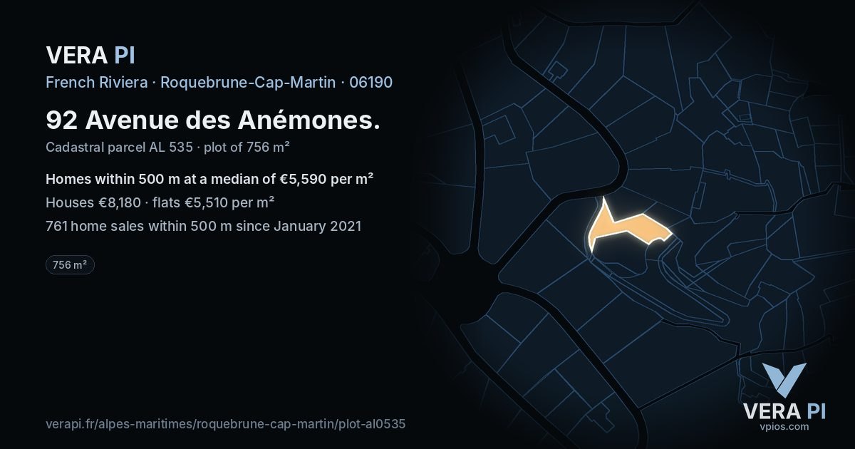 92 Avenue des Anémones, Roquebrune-Cap-Martin at night – the plot lit, the parcels around coloured by the prices near them