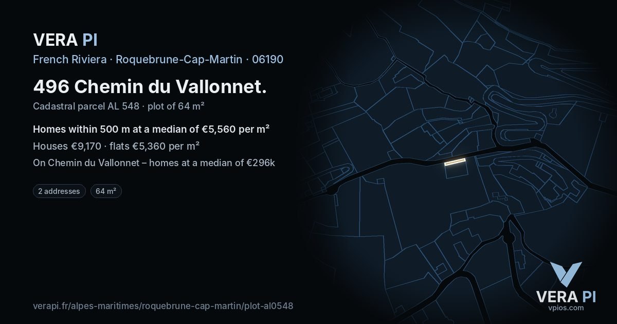 496 Chemin du Vallonnet, Roquebrune-Cap-Martin at night – the plot lit, the parcels around coloured by the prices near them