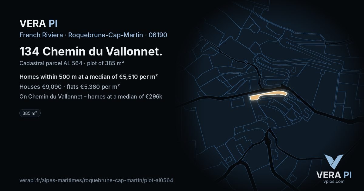 134 Chemin du Vallonnet, Roquebrune-Cap-Martin at night – the plot lit, the parcels around coloured by the prices near them
