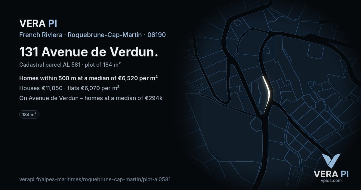 131 Avenue de Verdun, Roquebrune-Cap-Martin at night – the plot lit, the parcels around coloured by the prices near them