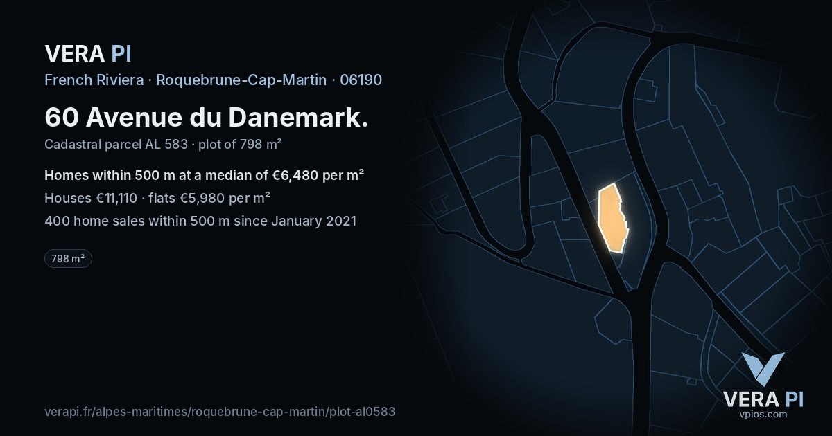 60 Avenue du Danemark, Roquebrune-Cap-Martin at night – the plot lit, the parcels around coloured by the prices near them