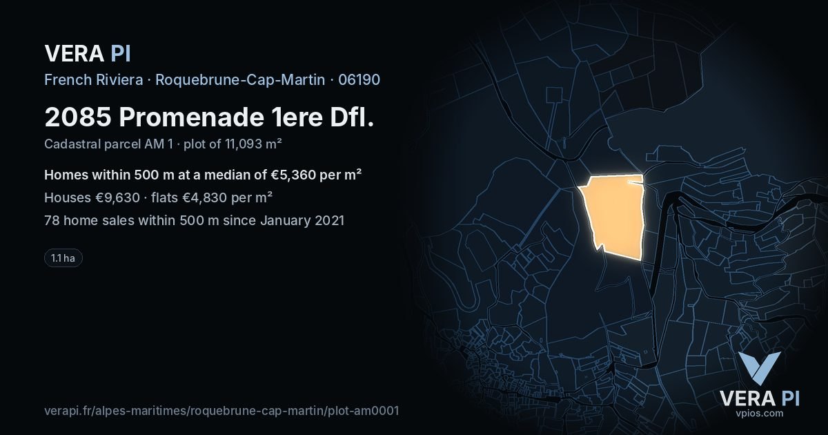 2085 Promenade 1ere Dfl, Roquebrune-Cap-Martin at night – the plot lit, the parcels around coloured by the prices near them