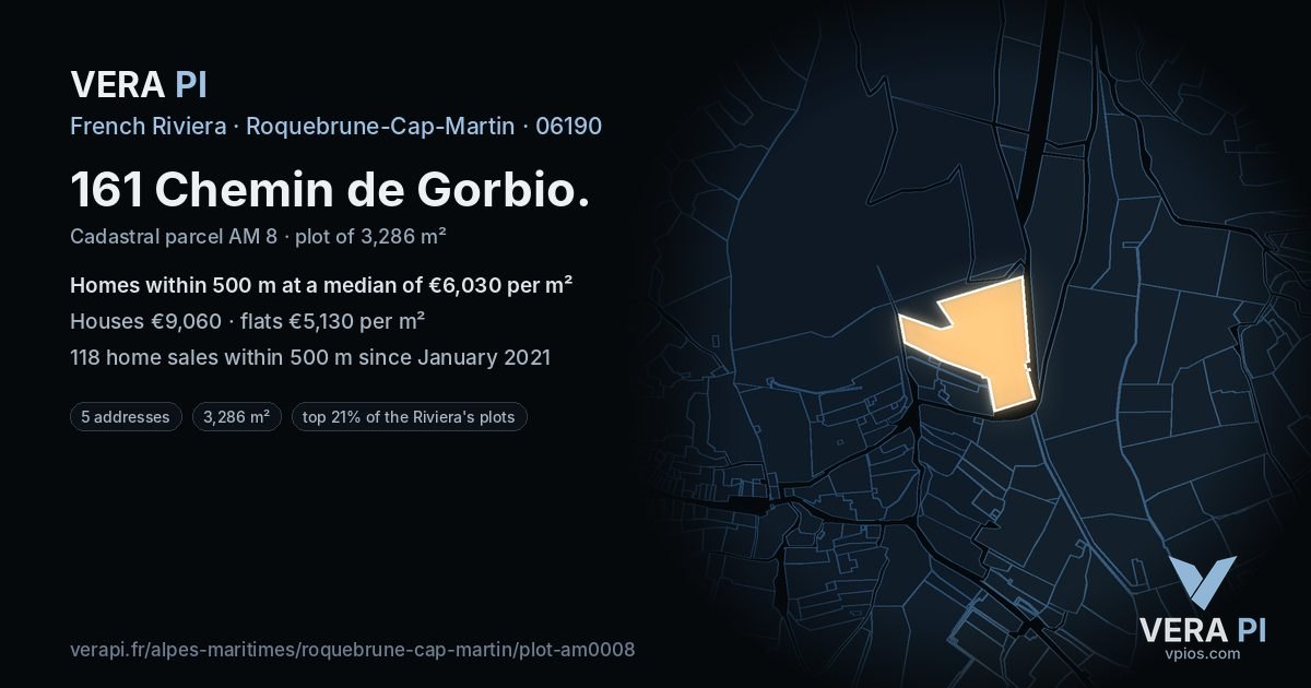 161 Chemin de Gorbio, Roquebrune-Cap-Martin at night – the plot lit, the parcels around coloured by the prices near them