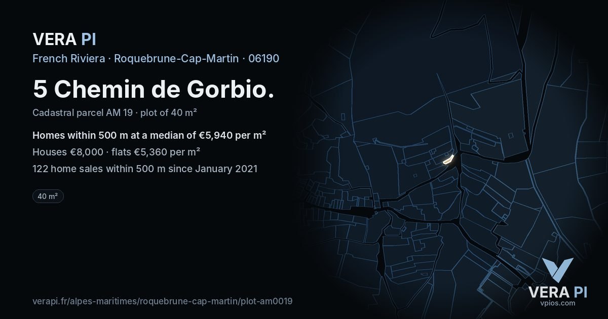 5 Chemin de Gorbio, Roquebrune-Cap-Martin at night – the plot lit, the parcels around coloured by the prices near them