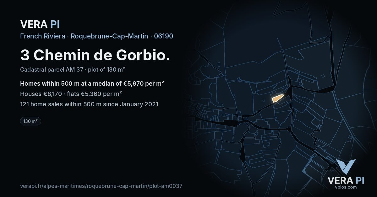 3 Chemin de Gorbio, Roquebrune-Cap-Martin at night – the plot lit, the parcels around coloured by the prices near them
