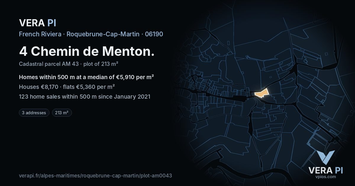 4 Chemin de Menton, Roquebrune-Cap-Martin at night – the plot lit, the parcels around coloured by the prices near them