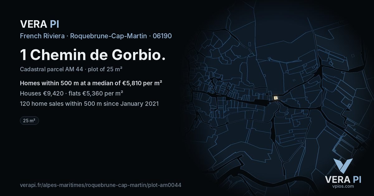 1 Chemin de Gorbio, Roquebrune-Cap-Martin at night – the plot lit, the parcels around coloured by the prices near them