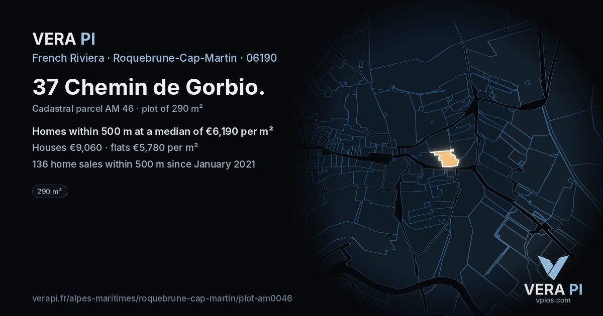 37 Chemin de Gorbio, Roquebrune-Cap-Martin at night – the plot lit, the parcels around coloured by the prices near them