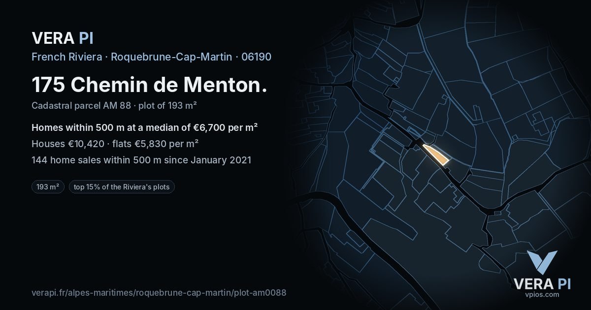 175 Chemin de Menton, Roquebrune-Cap-Martin at night – the plot lit, the parcels around coloured by the prices near them