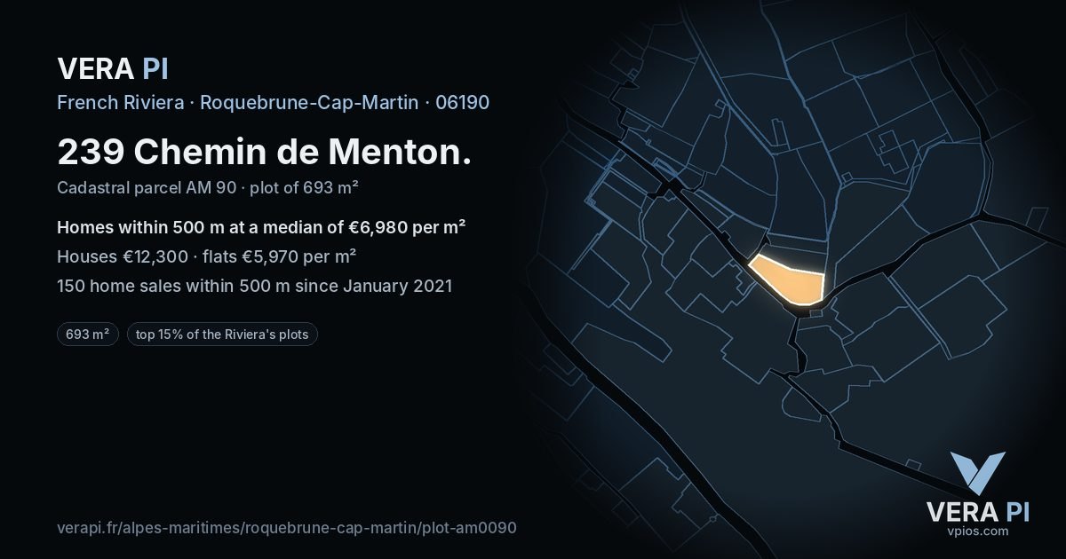 239 Chemin de Menton, Roquebrune-Cap-Martin at night – the plot lit, the parcels around coloured by the prices near them