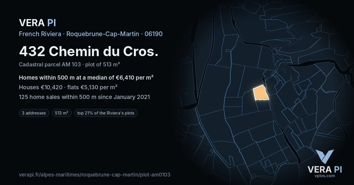 432 Chemin du Cros, Roquebrune-Cap-Martin at night – the plot lit, the parcels around coloured by the prices near them