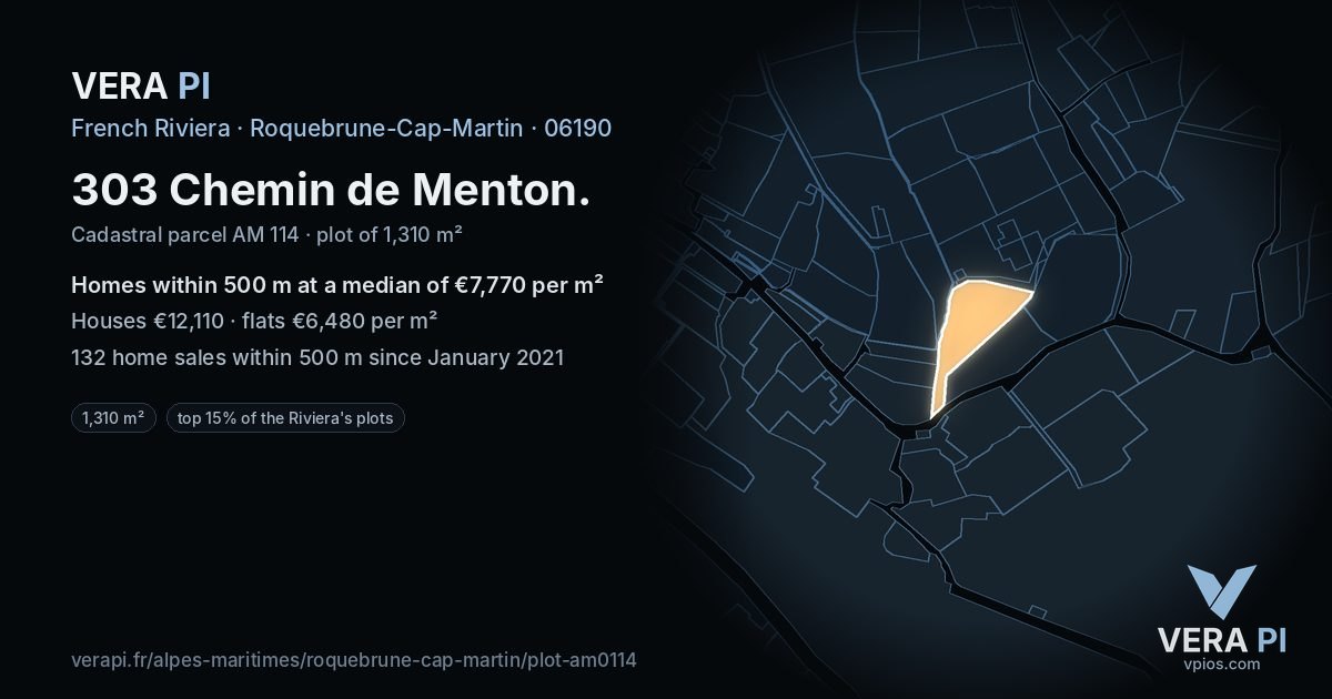 303 Chemin de Menton, Roquebrune-Cap-Martin at night – the plot lit, the parcels around coloured by the prices near them