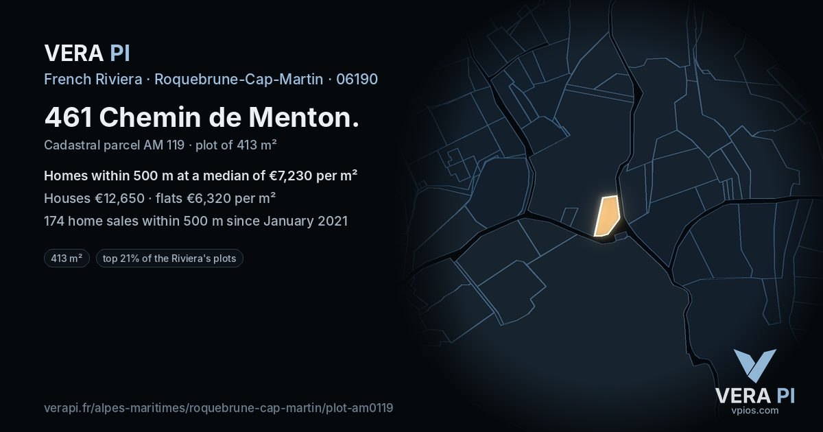 461 Chemin de Menton, Roquebrune-Cap-Martin at night – the plot lit, the parcels around coloured by the prices near them
