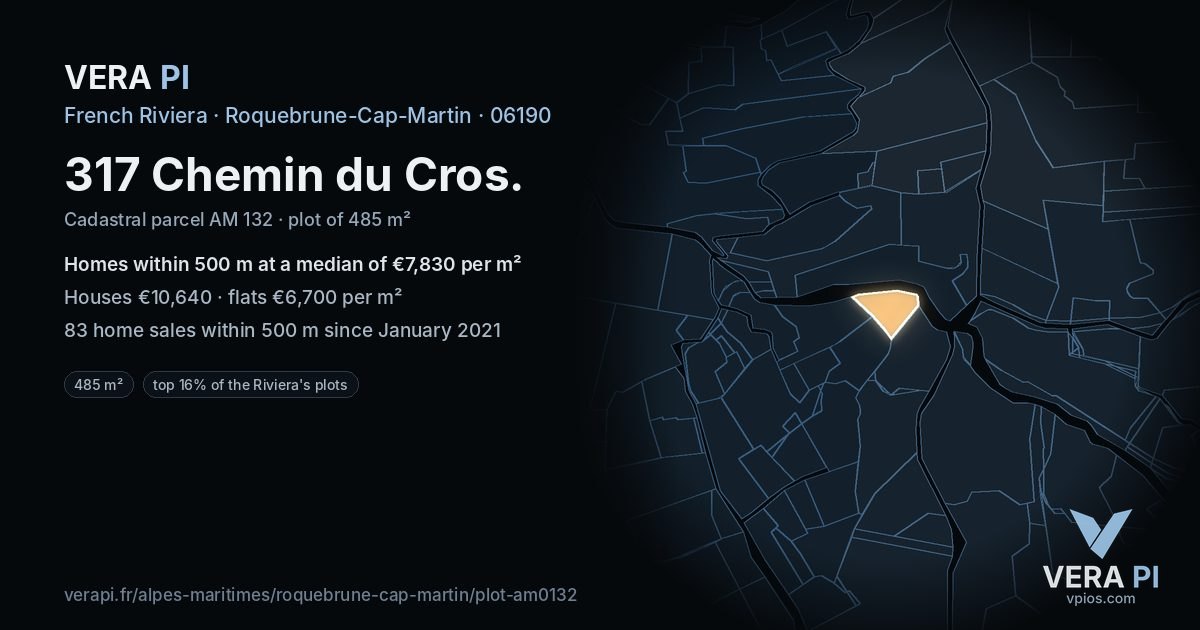 317 Chemin du Cros, Roquebrune-Cap-Martin at night – the plot lit, the parcels around coloured by the prices near them
