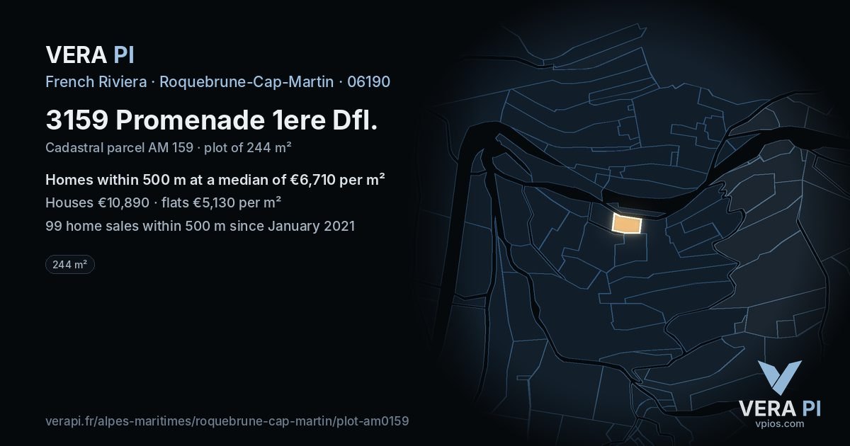 3159 Promenade 1ere Dfl, Roquebrune-Cap-Martin at night – the plot lit, the parcels around coloured by the prices near them