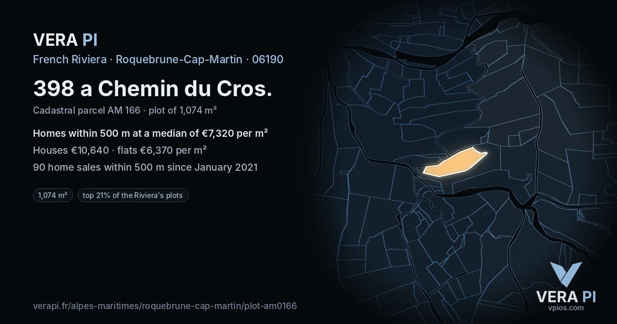 398 a Chemin du Cros, Roquebrune-Cap-Martin at night – the plot lit, the parcels around coloured by the prices near them
