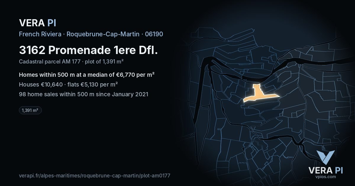 3162 Promenade 1ere Dfl, Roquebrune-Cap-Martin at night – the plot lit, the parcels around coloured by the prices near them