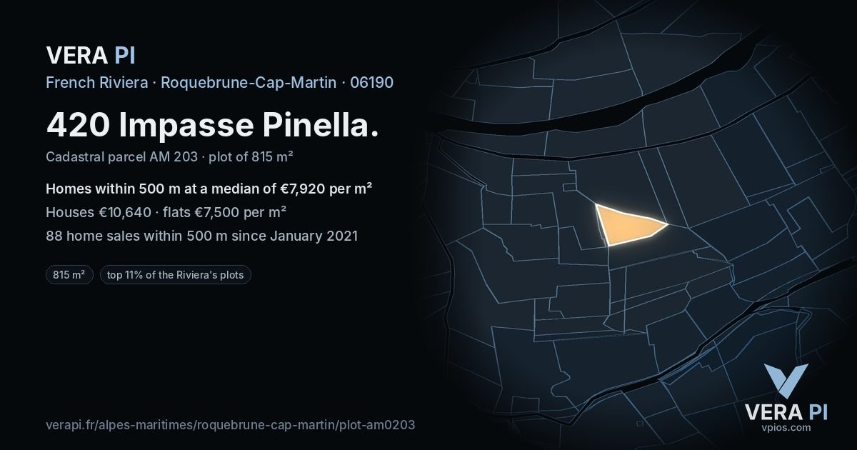 420 Impasse Pinella, Roquebrune-Cap-Martin at night – the plot lit, the parcels around coloured by the prices near them