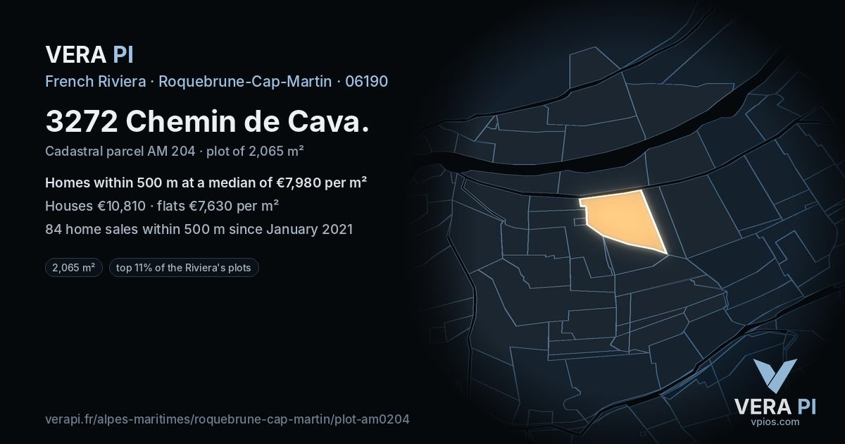 3272 Chemin de Cava, Roquebrune-Cap-Martin at night – the plot lit, the parcels around coloured by the prices near them