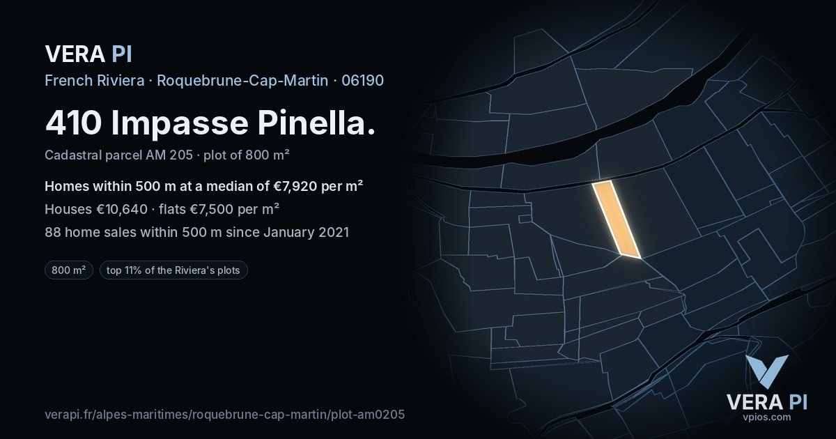 410 Impasse Pinella, Roquebrune-Cap-Martin at night – the plot lit, the parcels around coloured by the prices near them
