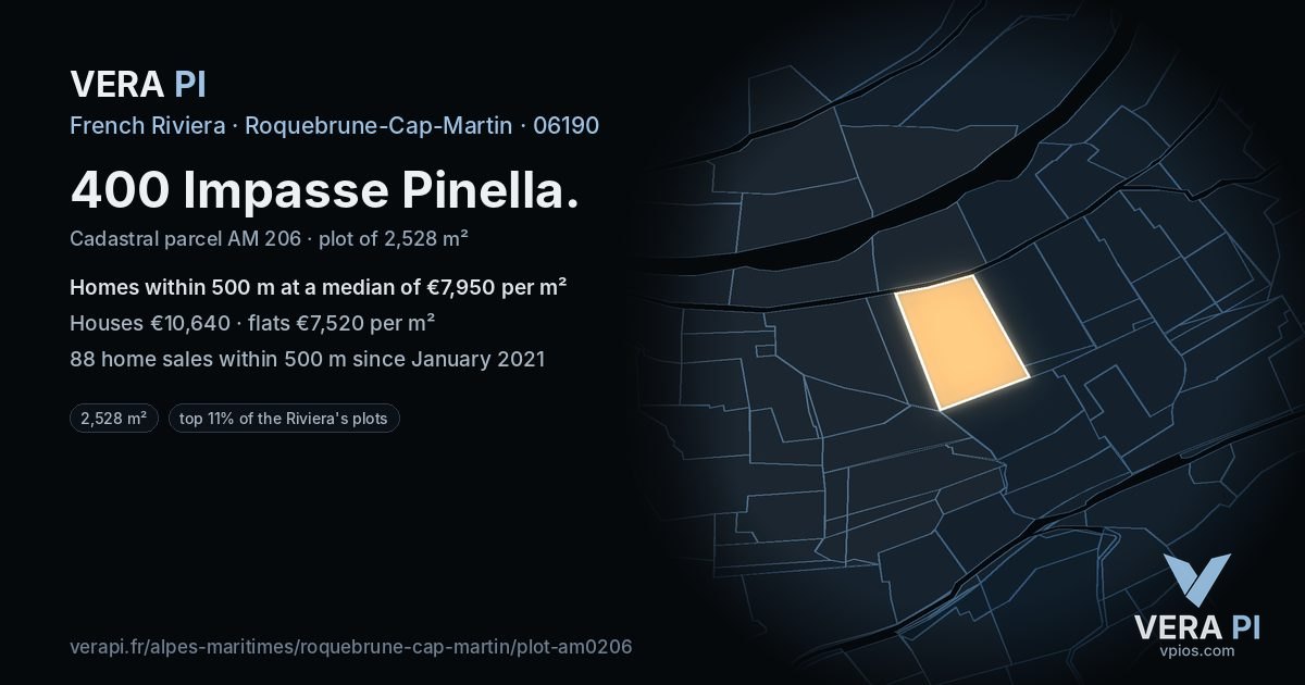 400 Impasse Pinella, Roquebrune-Cap-Martin at night – the plot lit, the parcels around coloured by the prices near them
