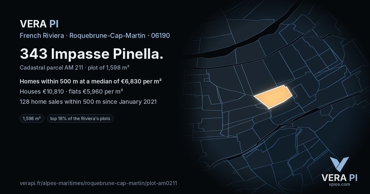 343 Impasse Pinella, Roquebrune-Cap-Martin at night – the plot lit, the parcels around coloured by the prices near them
