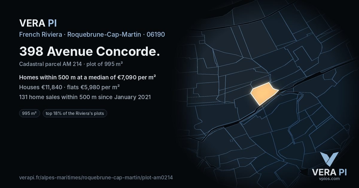 398 Avenue Concorde, Roquebrune-Cap-Martin at night – the plot lit, the parcels around coloured by the prices near them