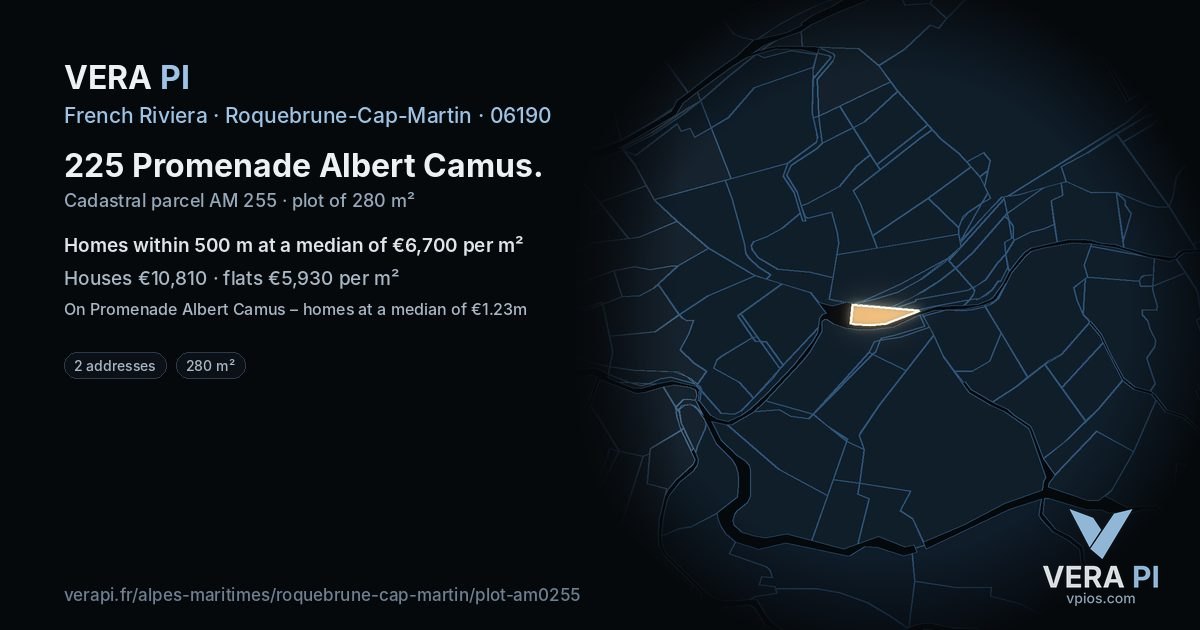225 Promenade Albert Camus, Roquebrune-Cap-Martin at night – the plot lit, the parcels around coloured by the prices near them