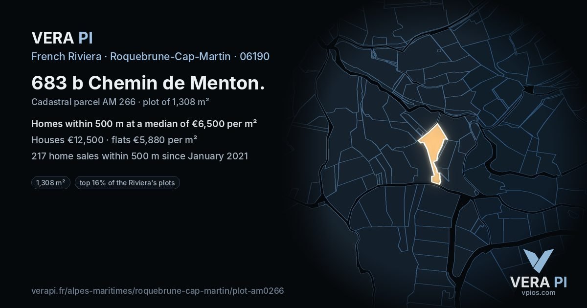 683 b Chemin de Menton, Roquebrune-Cap-Martin at night – the plot lit, the parcels around coloured by the prices near them