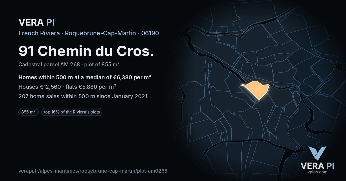 91 Chemin du Cros, Roquebrune-Cap-Martin at night – the plot lit, the parcels around coloured by the prices near them