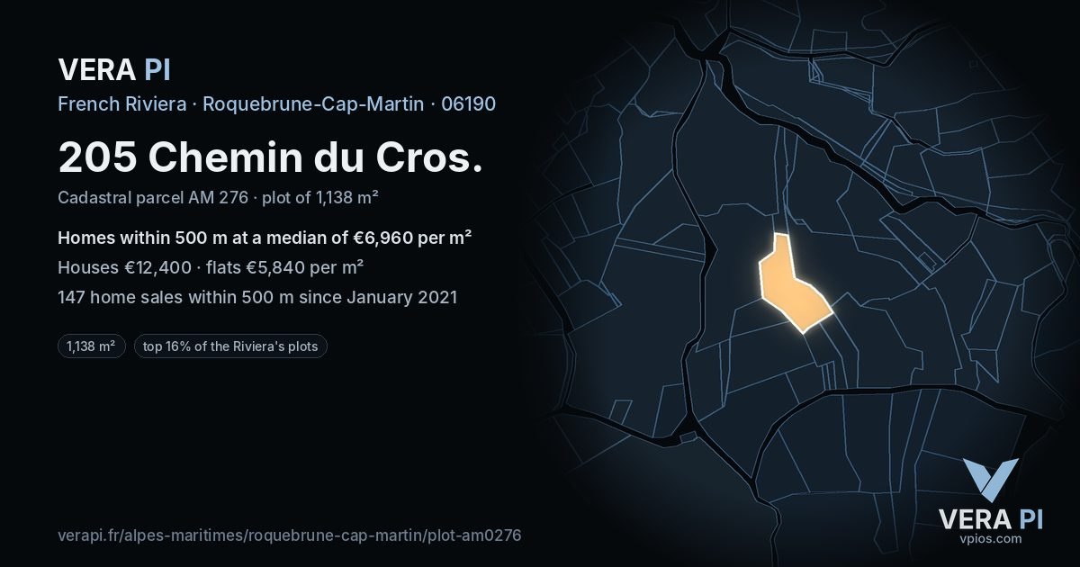 205 Chemin du Cros, Roquebrune-Cap-Martin at night – the plot lit, the parcels around coloured by the prices near them