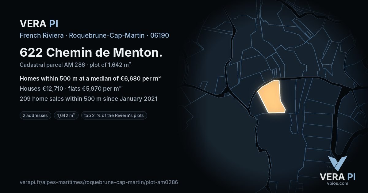 622 Chemin de Menton, Roquebrune-Cap-Martin at night – the plot lit, the parcels around coloured by the prices near them