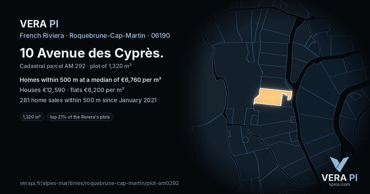 10 Avenue des Cyprès, Roquebrune-Cap-Martin at night – the plot lit, the parcels around coloured by the prices near them